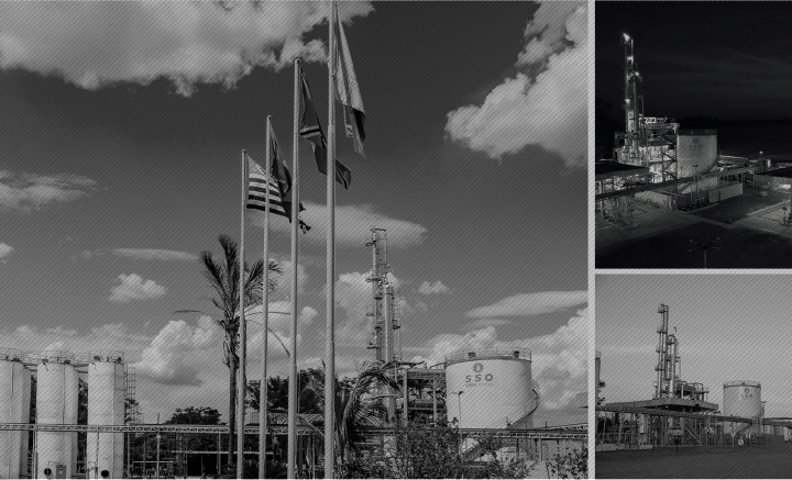 imagem preto e branco das bandeiras em mastro da refinaria de petróleo SSOil Energy em montagem de imagens mostrando mais detalhes da refinaria ao lado