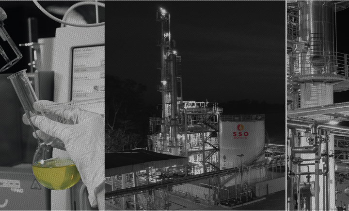 imagem em preto e branco da refinaria de petróleo SSOil Energy com montagem de imagem do teste de qualidade do combustível de um lado e a torre de refino do outro